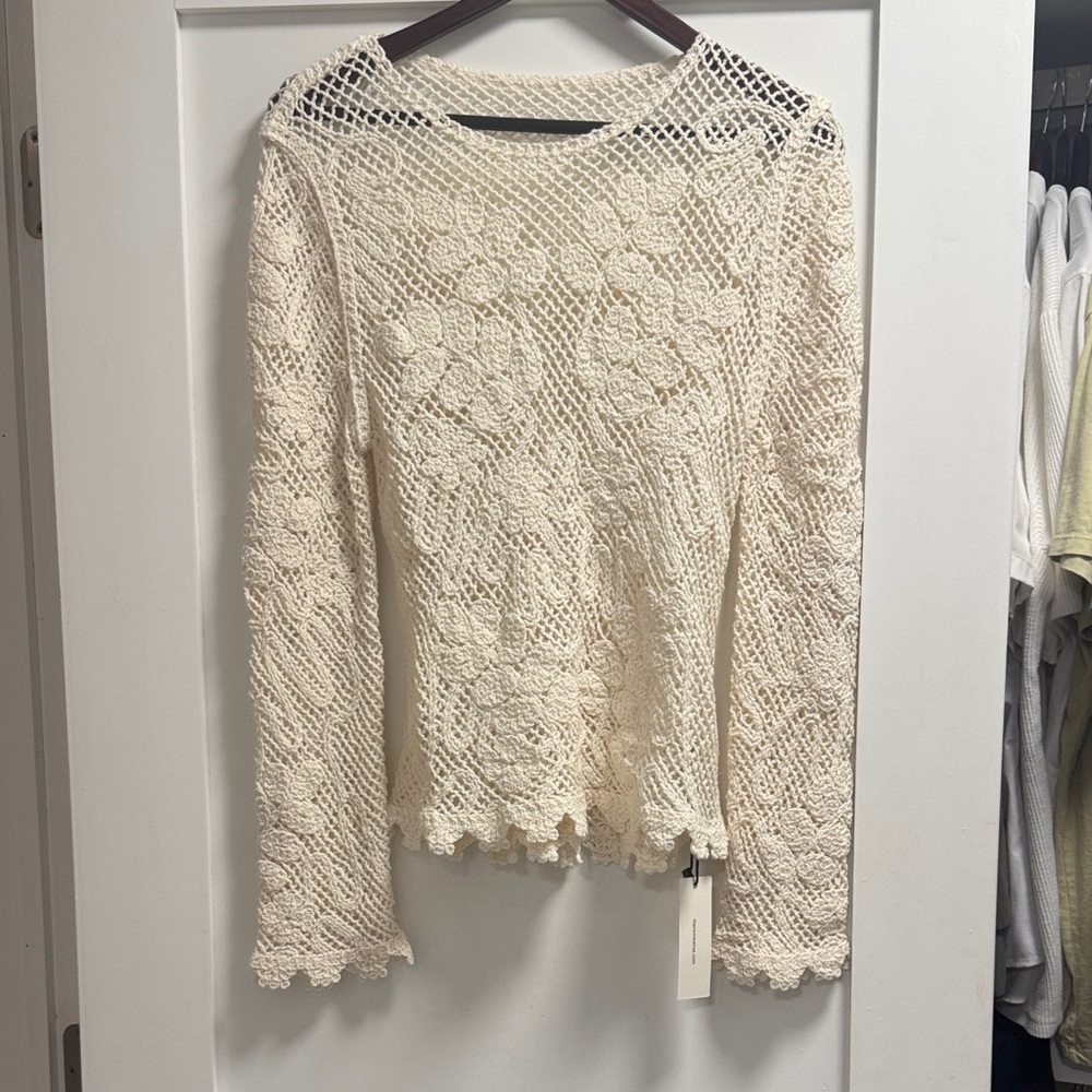 Commense Cream Crochet Floral Knit Long Sleeve Top